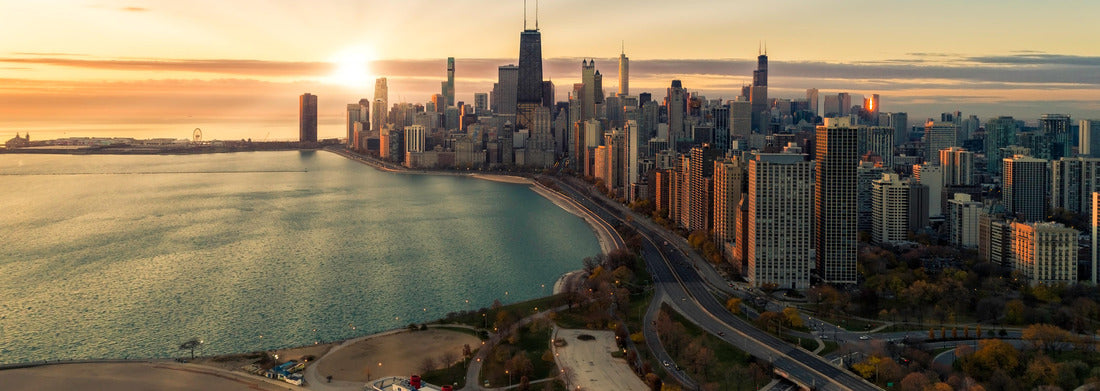 Noah Jigsaw Puzzle Aerial view of Chicago downtown skyline at sunrise with sun rays. Morning light over the city on Lake Michigan panorama 1000 pieces