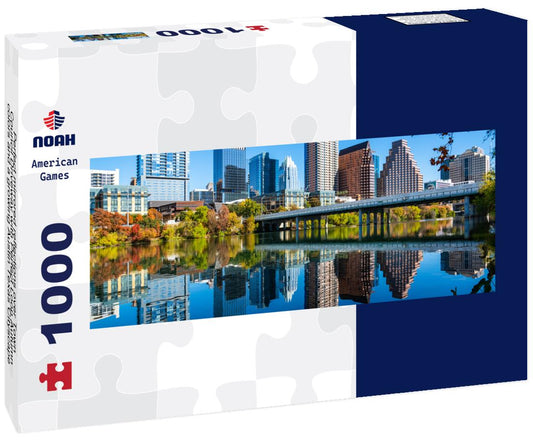Noah Jigsaw Puzzle Perfect mirrored reflections over Town Council Driveway with Perfect Loop Autumn colors and a growing Austin Texas Cityscape Skyline Capital City panorama 1000 pieces