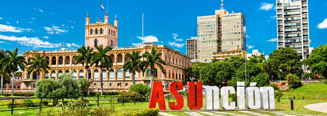 The welcome sign and Palace of the Lopez in Asuncion, Paraguay 1000pc Panoramic Puzzle
