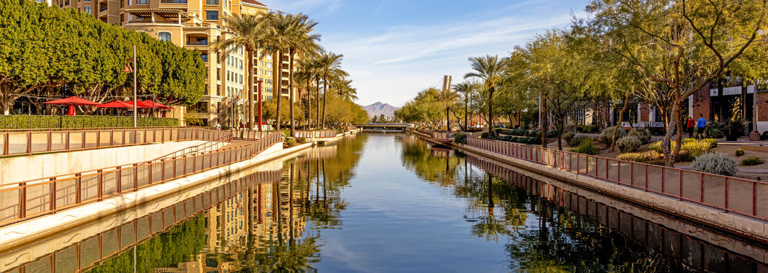 Noah Jigsaw Puzzle Daytime scene of canal running through waterfront district of Old Town Scottsdale, Arizona USA with condo housing, retail and restaurants panorama 1000 pieces