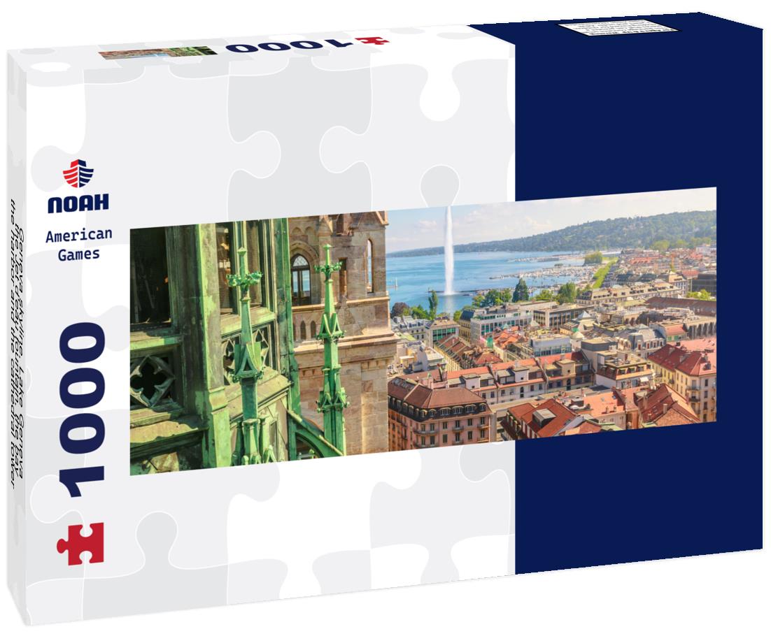 Noah Jigsaw Puzzle Geneva skyline, Lake Geneva, the Jet d'eau fountain, the bay, the harbor and the cathedral tower panorama 1000 pieces