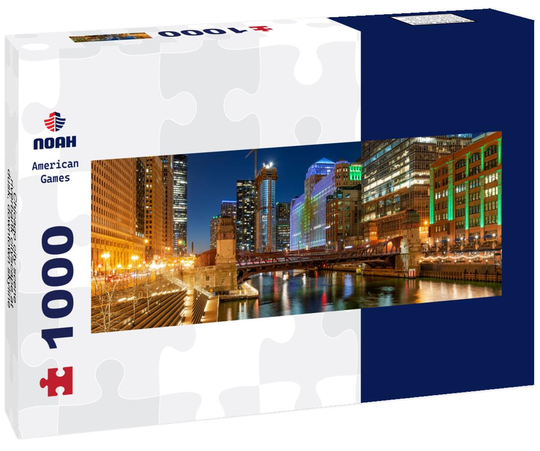 Noah Jigsaw Puzzle Chicago city scene, riverbank cityscape at dusk, downtown skyline, Illinois, United States panorama 1000 pieces