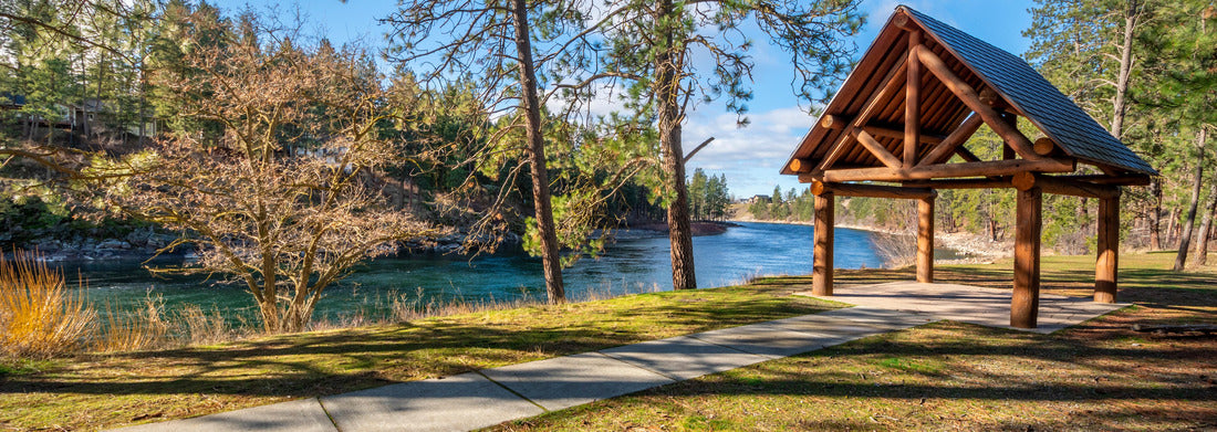 Noah Jigsaw Puzzle A log gazebo sits in Corbin Park overlooking the Spokane River in Post Falls, Idaho, USA panorama 1000 pieces