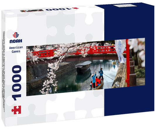 Noah Jigsaw Puzzle Tourists take a Hanami Boat Tour along Suimon-Gawa Canal under a red bridge and beautiful cherry blossoms (Sakura) in Ogaki panorama 1000 pieces