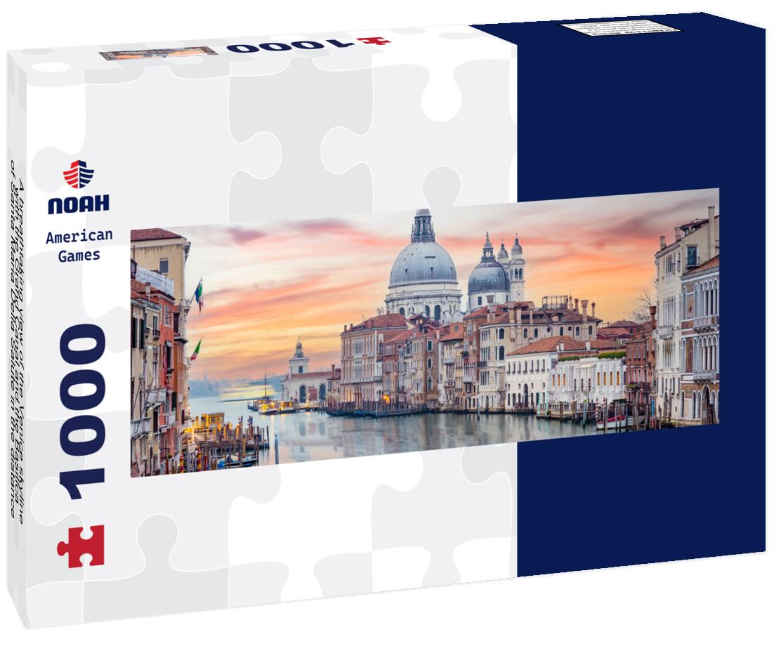 Noah Jigsaw Puzzle A breathtaking view of the Venice skyline with the Grand Canal and the Basilica of Santa Maria Della Salute in the distance during a dramatic sunrise panorama 1000 pieces