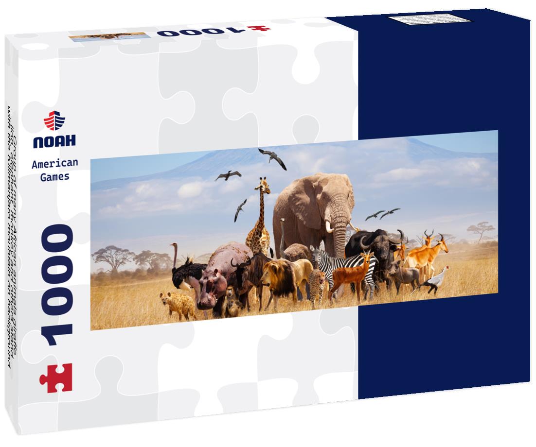 Noah Jigsaw Puzzle Group of many African animals giraffe, lion, elephant, monkey and others stand with the Kilimanjaro mountain on background panorama 1000 pieces