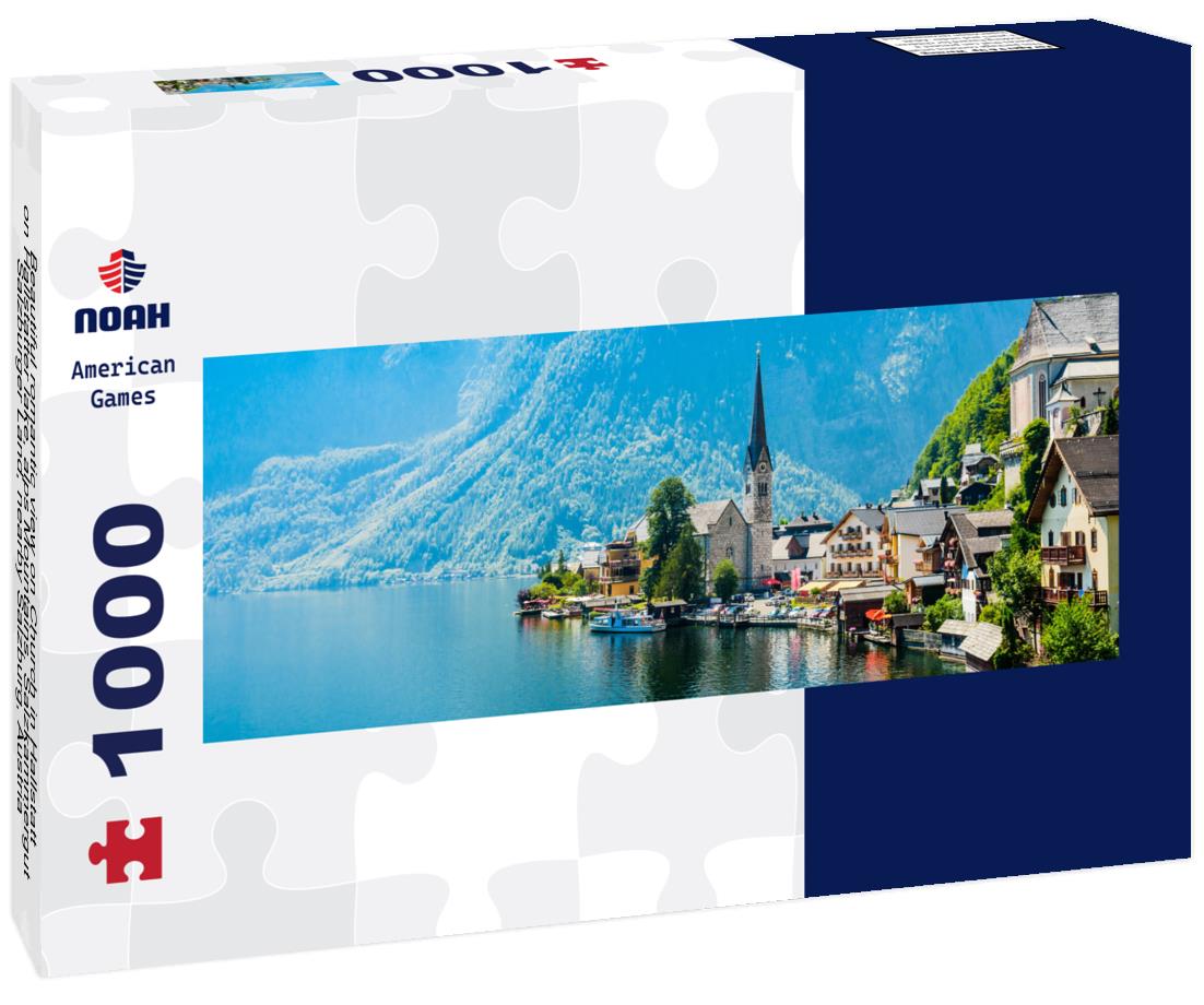 Noah Jigsaw Puzzle Beautiful romantic view on Church in Hallstatt on Hallstatter lake, alps Mountains. Salzkammergut, Salzburger Land, nearby Salzburg, Austria panorama 1000 pieces
