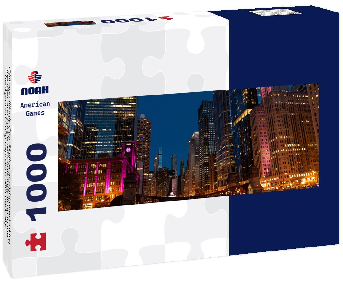 Noah Jigsaw Puzzle Chicago Illinois City Skyline at night overlooking the river and bridge with buildings lit up in the background Long exposure with dark sky panorama 1000 pieces