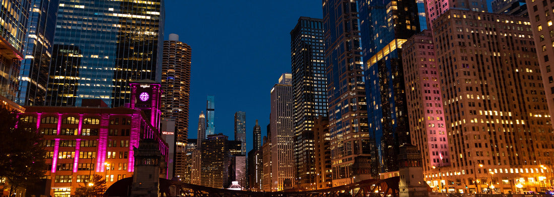 Noah Jigsaw Puzzle Chicago Illinois City Skyline at night overlooking the river and bridge with buildings lit up in the background Long exposure with dark sky panorama 1000 pieces