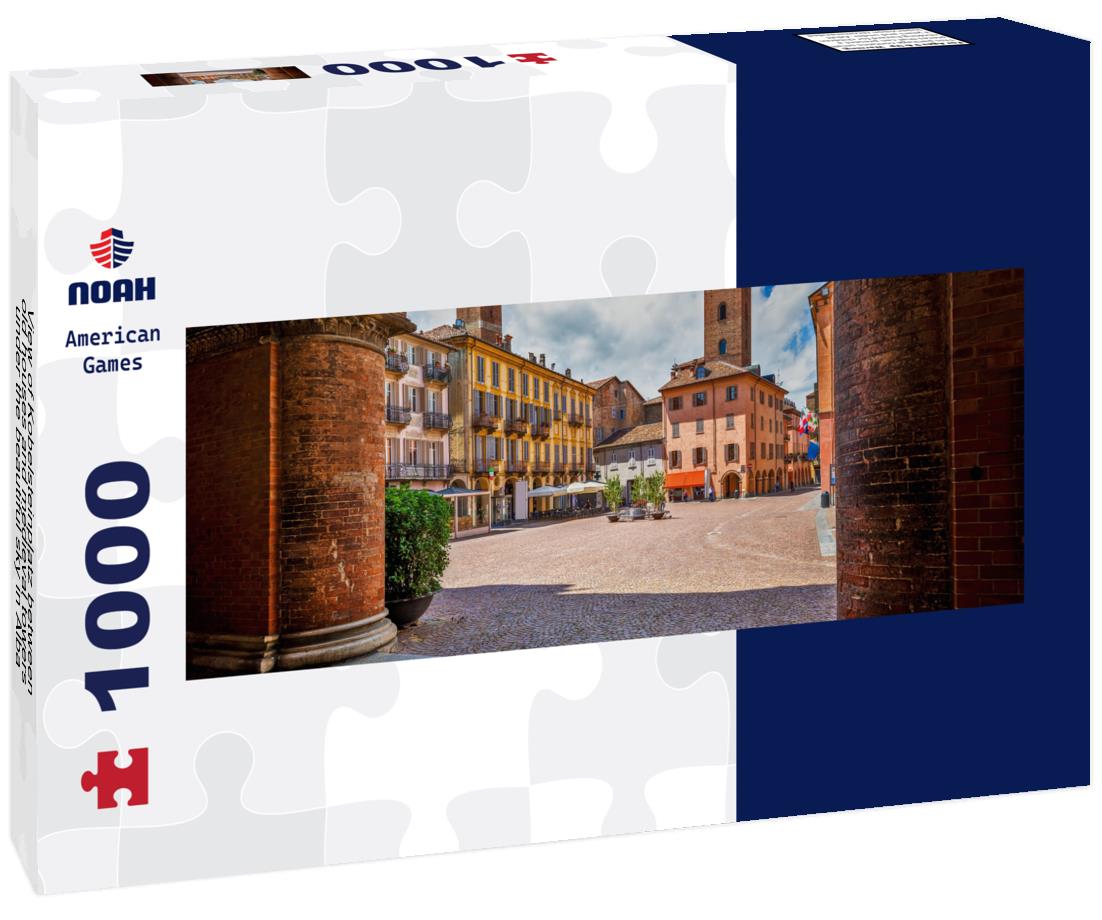 Noah Jigsaw Puzzle View of Kobelsteinplatz between old houses and medieval towers under the beautiful sky in Alba, Piedmont, northern Italy panorama 1000 pieces