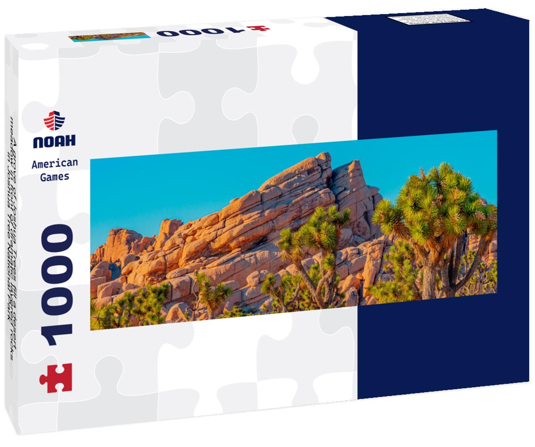 Noah Jigsaw Puzzle A grove of Joshua Trees fill a desert meadow in front of dramatic layered rocks in Joshua Tree National Park panorama 1000 pieces