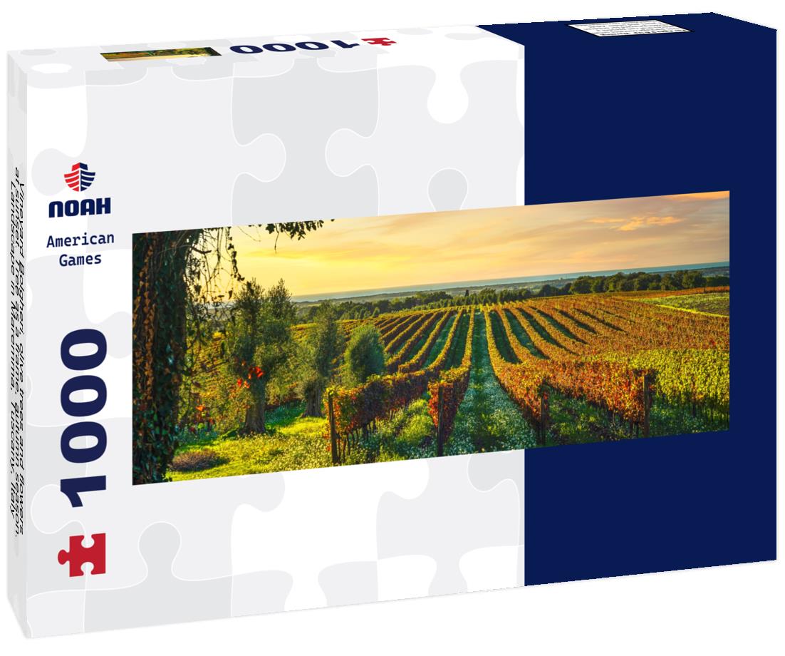 Noah Jigsaw Puzzle Vineyard Bolgheri, olive trees and flowers at sunset. Tree as a frame, autumn season. Landscape in Maremma, Tuscany, Italy panorama 1000 pieces