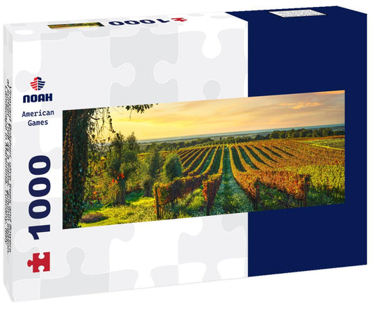 Noah Jigsaw Puzzle Vineyard Bolgheri, olive trees and flowers at sunset. Tree as a frame, autumn season. Landscape in Maremma, Tuscany, Italy panorama 1000 pieces