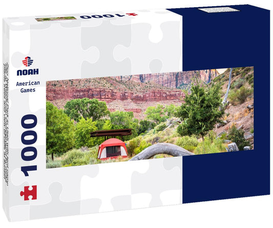 Noah Jigsaw Puzzle Zion National Park in Utah with tent camp site at Watchman Campground by rocks, plants trees and view of cliffs at sunset panorama 1000 pieces