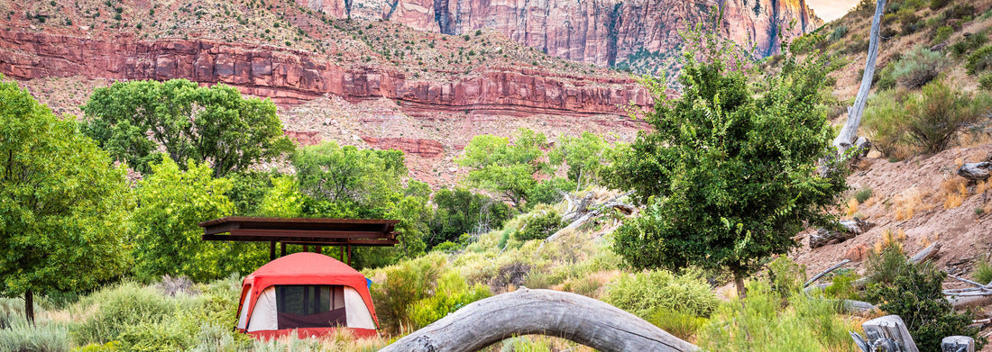 Zion National Park in Utah with tent camp site at Watchman Campground by rocks, plants trees and view of cliffs at sunset 1000pc Panoramic Puzzle