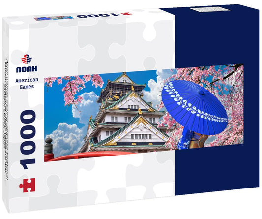 Noah Jigsaw Puzzle Asian woman wearing japanese traditional kimono looking at cherry blossoms and castle in Osaka, Japan panorama 1000 pieces