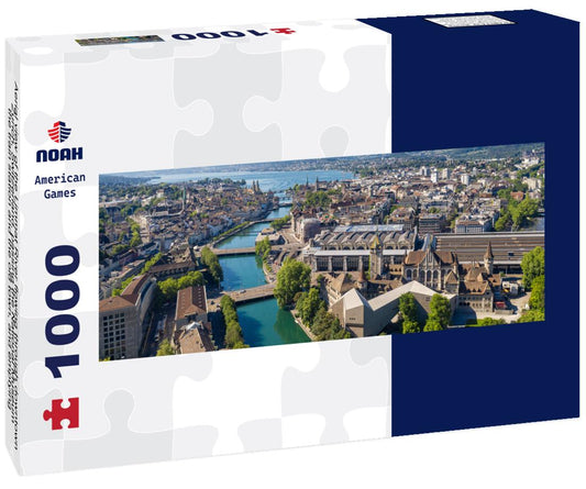 Noah Jigsaw Puzzle Aerial view of the Limmat River flowing through downtown Zurich, Switzerland, passing the National Museum, the train station and the old town, and emptying into Lake Zurich on a sunny summer's day panorama 1000 pieces