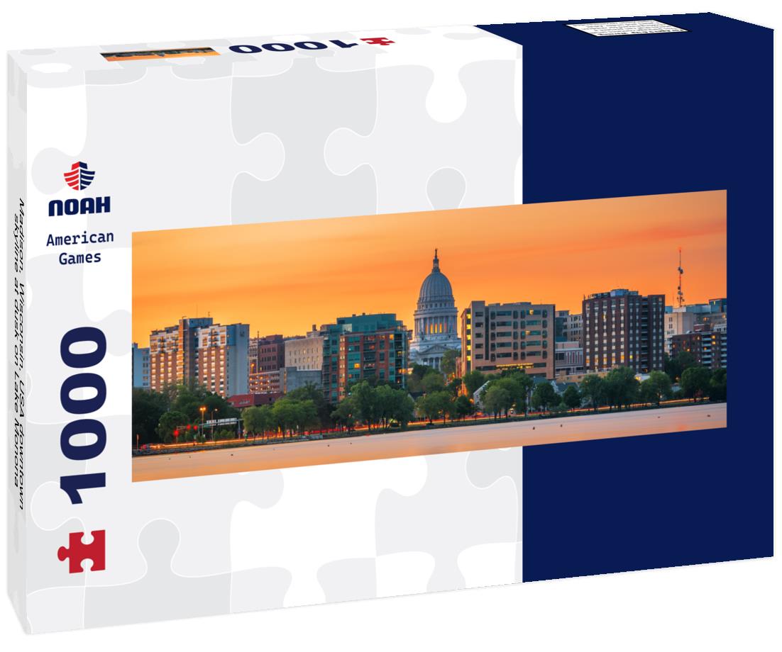 Noah Jigsaw Puzzle Madison, Wisconsin, USA downtown skyline at dusk on Lake Monona panorama 1000 pieces