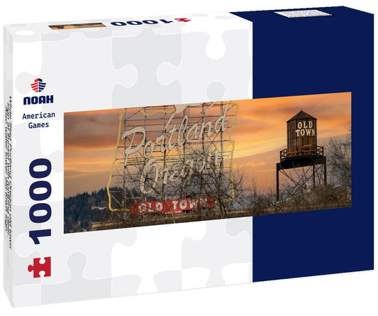 Noah Jigsaw Puzzle White Stag Portland Oregon old town sign at sunset with jumping deer. Also water tower old town sign panorama 1000 pieces