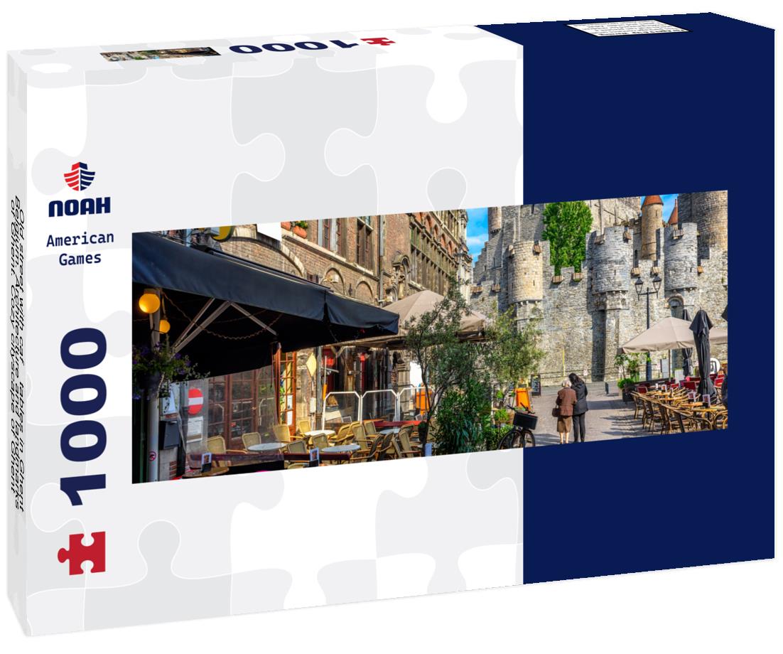 Noah Jigsaw Puzzle Old street with café tables in Ghent, Belgium. Architecture and landmarks of Ghent. Cozy cityscape of Ghent panorama 1000 pieces