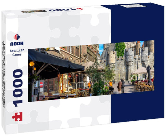 Noah Jigsaw Puzzle Old street with café tables in Ghent, Belgium. Architecture and landmarks of Ghent. Cozy cityscape of Ghent panorama 1000 pieces