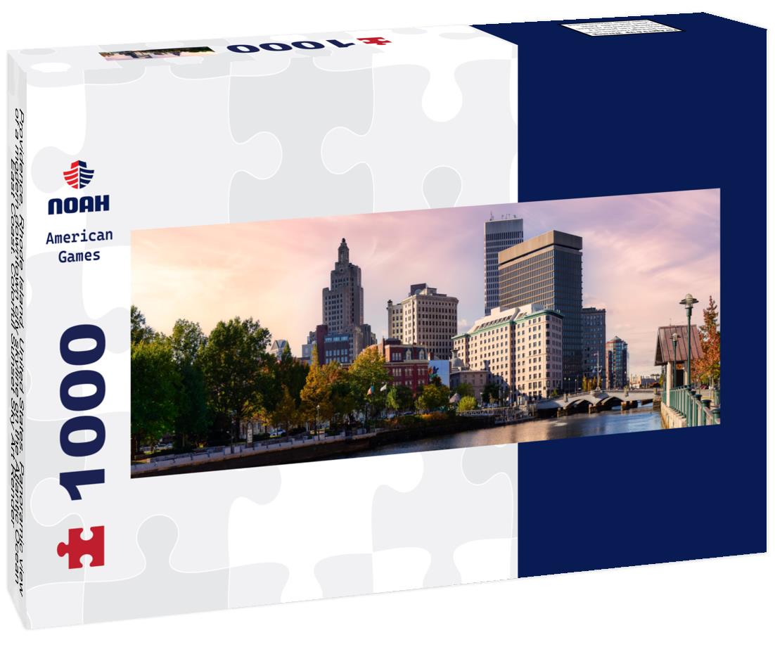 Noah Jigsaw Puzzle Providence, Rhode Island, United States. Panoramic view of a modern downtown city skyline on the Atlantic Ocean East Coast. Colorful Sunset Sky Art Render panorama 1000 pieces