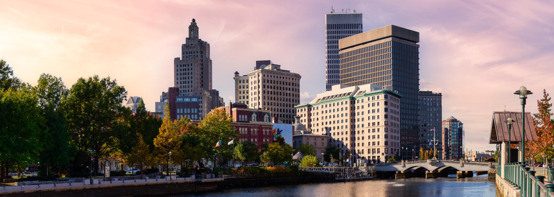 Noah Jigsaw Puzzle Providence, Rhode Island, United States. Panoramic view of a modern downtown city skyline on the Atlantic Ocean East Coast. Colorful Sunset Sky Art Render panorama 1000 pieces