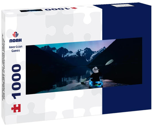 Noah Jigsaw Puzzle Adventurer kayak in a peaceful lake at night. Colored sky with Starts and Aurora Art Render. Canadian landscape from British Columbia, Canada panorama 1000 pieces