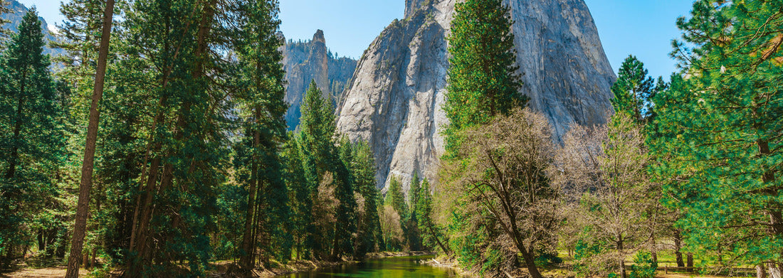 the mountain landscape and the river between the mountains in Yosemite National Park 1000pc Panoramic Puzzle