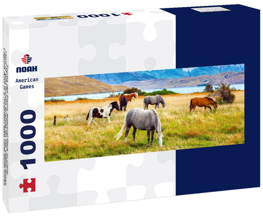 Noah Jigsaw Puzzle Torres del Paine National Park in Chile. Herd of wild horses grazing on the yellow grass. Laguna Azul is a mountain lake near three rocks panorama 1000 pieces