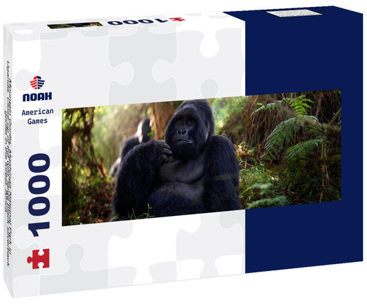 Noah Jigsaw Puzzle Mountain Gorilla, Mgahinga National Park in Uganda. Close-up of the wild, large black silverback gorilla in the forest, Africa panorama 1000 pieces