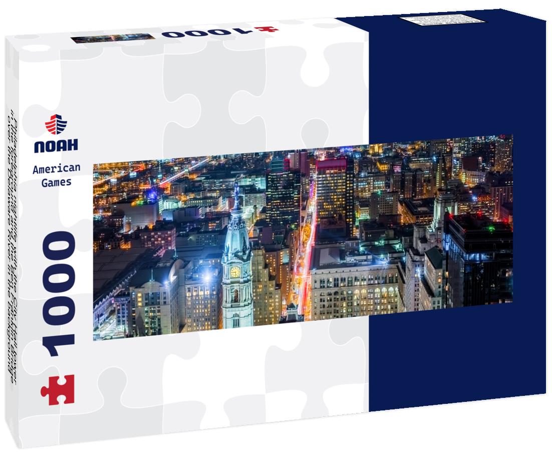 Noah Jigsaw Puzzle Philadelphia nightlife with the City Hall tower in the foreground and the Ben Franklin Bridge over the Delaware River in the background panorama 1000 pieces