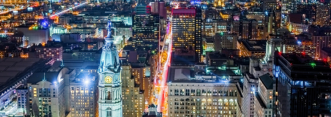 Noah Jigsaw Puzzle Philadelphia nightlife with the City Hall tower in the foreground and the Ben Franklin Bridge over the Delaware River in the background panorama 1000 pieces