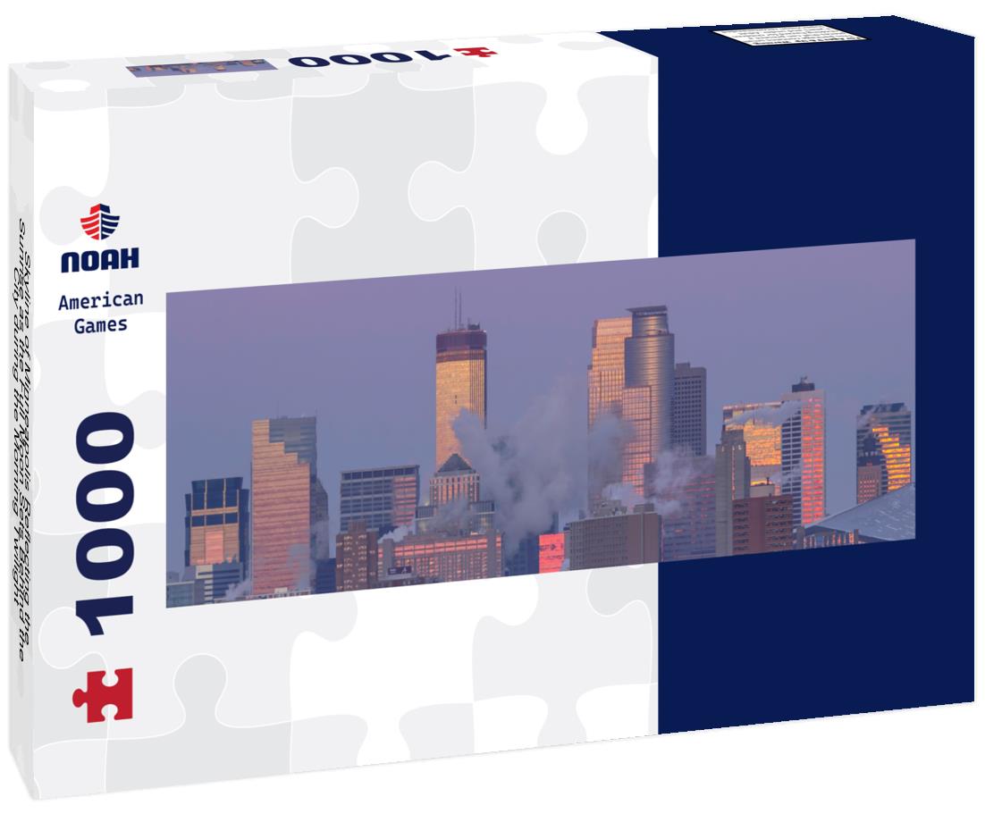 Noah Jigsaw Puzzle Skyline of Minneapolis Reflecting the Sunrise as the Full Moon Sets Behind the City during the Morning Twilight panorama 1000 pieces