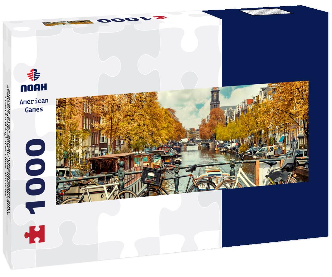 Noah Jigsaw Puzzle bicycle over canal Amsterdam city. Scenic landscape in the Netherlands overlooking the river Amstel panorama 1000 pieces
