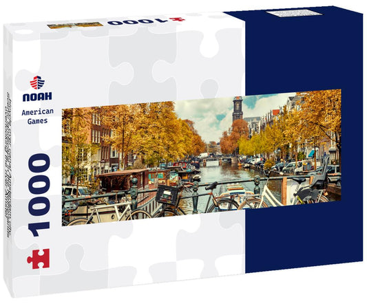 Noah Jigsaw Puzzle bicycle over canal Amsterdam city. Scenic landscape in the Netherlands overlooking the river Amstel panorama 1000 pieces