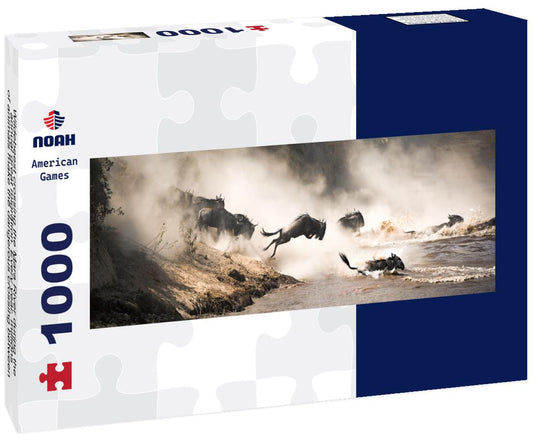 Noah Jigsaw Puzzle Wildebeest crossing the Mara River during the annual great migration. Every year, millions of animals make the dangerous crossing between Tanzania and the Masai Mara in Kenya panorama 1000 pieces