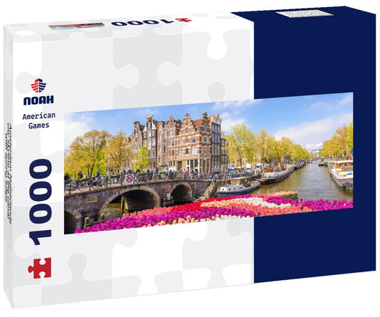 Noah Jigsaw Puzzle Amsterdam Netherlands, city skyline at the canal with spring tulips panorama 1000 pieces