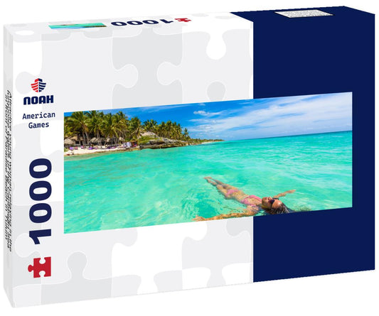 Noah Jigsaw Puzzle Attractive young woman relaxing in the turquoise waters of the Caribbean Sea in front of Paradise Beach in Tulum, near Cancun, Riviera Maya, Mexico panorama 1000 pieces