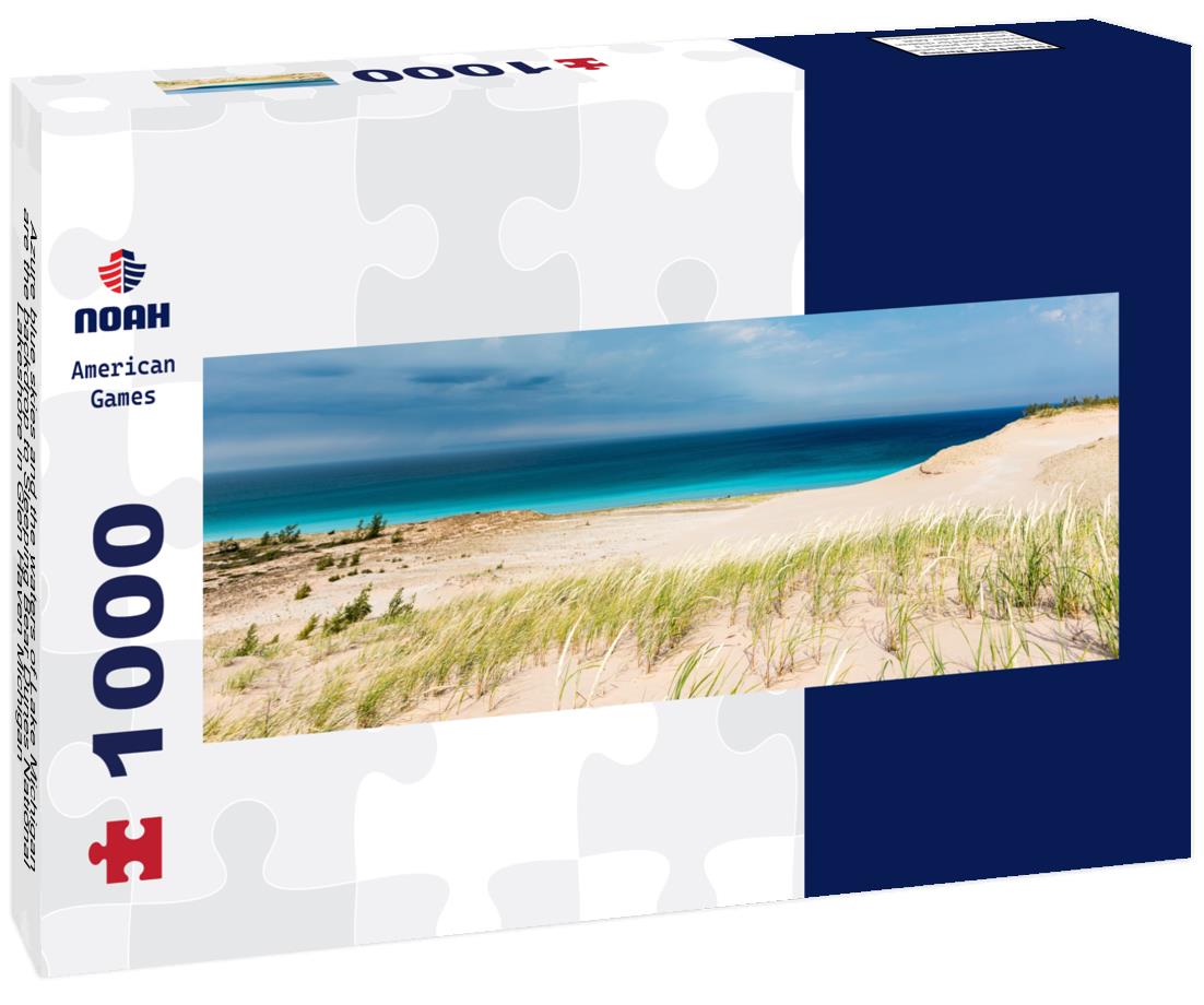 Noah Jigsaw Puzzle Azure blue skies and the waters of Lake Michigan are the backdrop to Sleeping Bear Dunes National Lakeshore in Glen Haven Michigan panorama 1000 pieces
