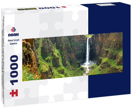 Noah Jigsaw Puzzle Maletsunyane Falls in Lesotho Africa. Most beautiful waterfall in the world. Green scenic landscape of amazing water fall dropping into a river inside canyons panorama 1000 pieces