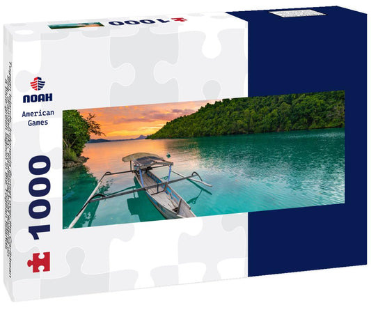 Noah Jigsaw Puzzle Togean Islands, Indonesia Sunset over the Caribbean Sea, dramatic sky, traditional boat floating on a blue-green lagoon in the Togean Islands, Sulawesi, travel destination in Indonesia panorama 1000 pieces