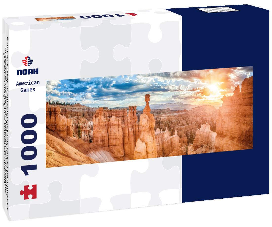 Noah Jigsaw Puzzle Panoramic view of amazing hoodoos sandstone formations in scenic Bryce Canyon National Park in beautiful golden morning light at sunrise with dramatic sky and blue sky, Utah, USA panorama 1000 pieces