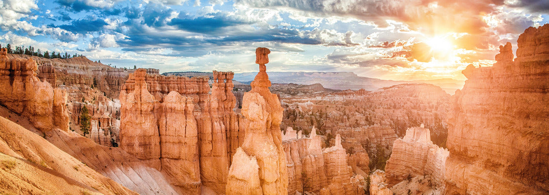 Noah Jigsaw Puzzle Panoramic view of amazing hoodoos sandstone formations in scenic Bryce Canyon National Park in beautiful golden morning light at sunrise with dramatic sky and blue sky, Utah, USA panorama 1000 pieces