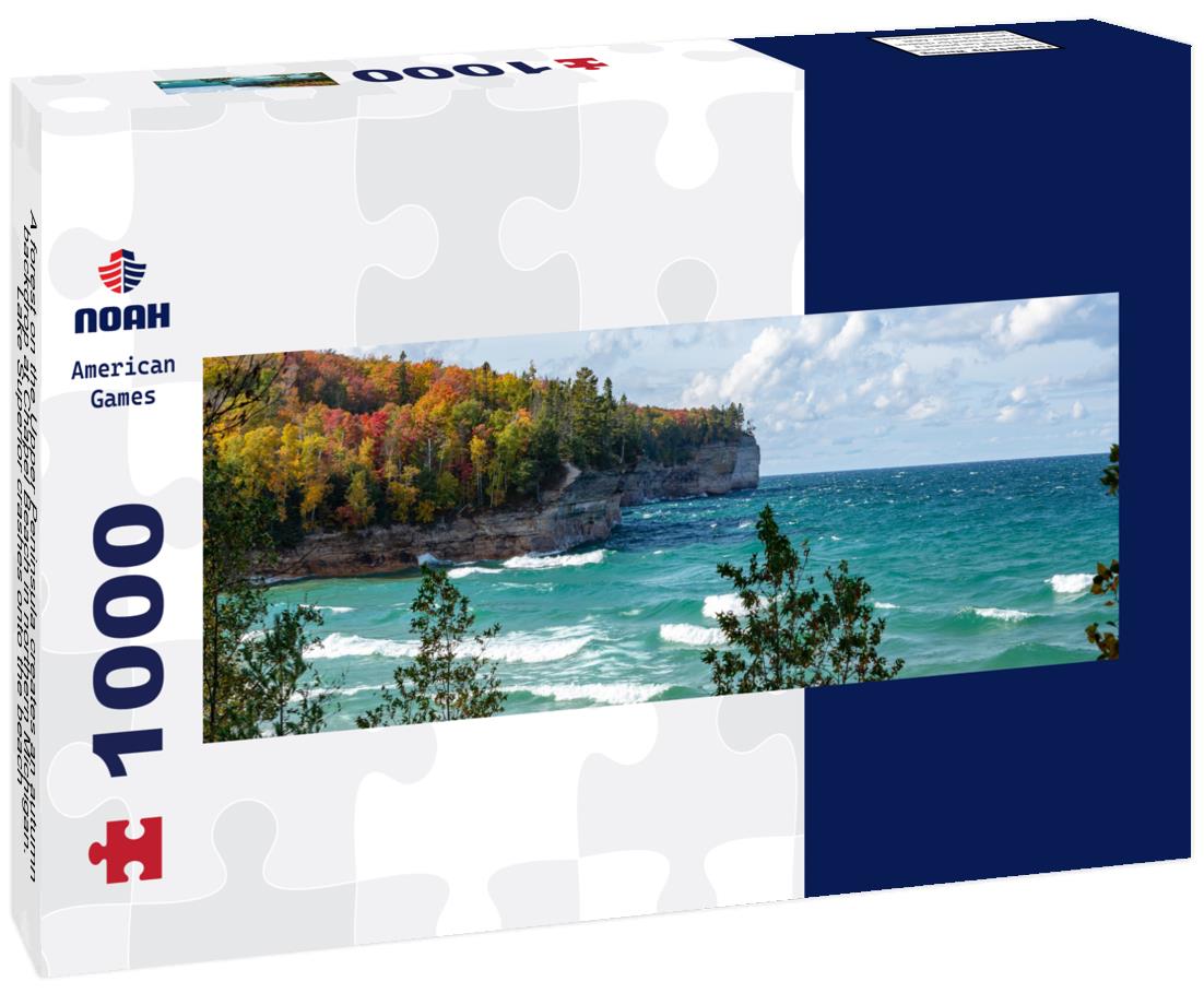 Noah Jigsaw Puzzle A forest on the Upper Peninsula creates an autumn backdrop at Chapel Beach in northern Michigan. Lake Superior crashes onto the beach, puffing clouds of white across the blue sky panorama 1000 pieces