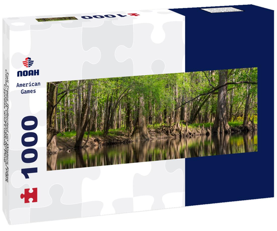 Noah Jigsaw Puzzle Tall Trees Reflected on Waters Edge, Cedar Creek Congaree National Park, Cypress and Loblolly Pine panorama 1000 pieces