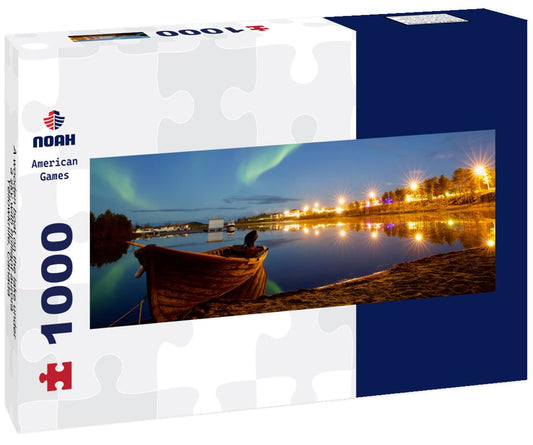 Noah Jigsaw Puzzle A wooden boat on the lake under a sky with brilliant aurora, Yellowknife, Canada panorama 1000 pieces