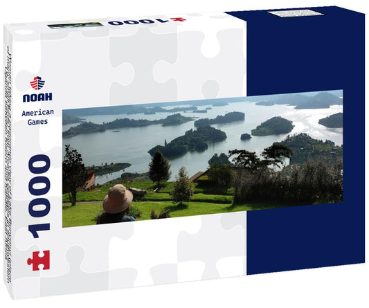 Noah Jigsaw Puzzle Woman taking a panoramic view of Lake Bunyonyi (place of many small birds) from Arcadia cottages in southwestern Uganda between Kisoro and Kabale, East Africa panorama 1000 pieces
