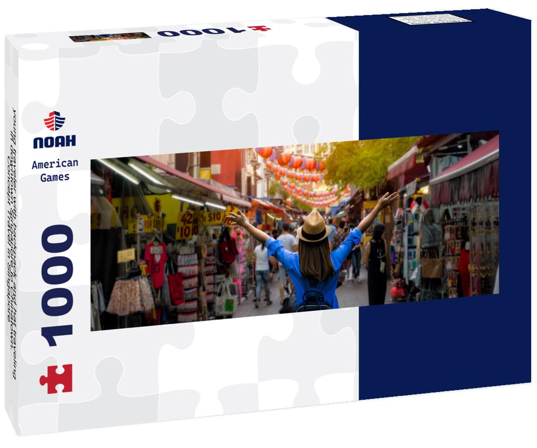 Noah Jigsaw Puzzle young traveler with backpack and hat traveling in downtown Singapore to Chinatown. Concept Travel in Singapore panorama 1000 pieces