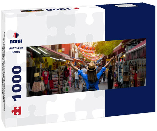 Noah Jigsaw Puzzle young traveler with backpack and hat traveling in downtown Singapore to Chinatown. Concept Travel in Singapore panorama 1000 pieces